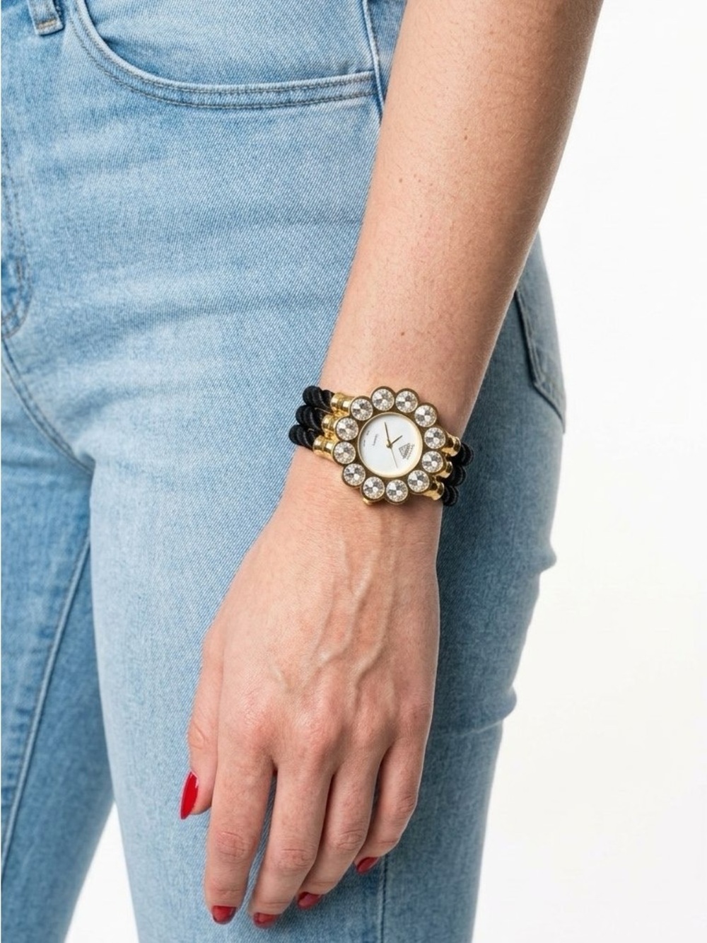 Park Lane Crystal Flower Bracelet Watch Gold Tone Black Rope Women's